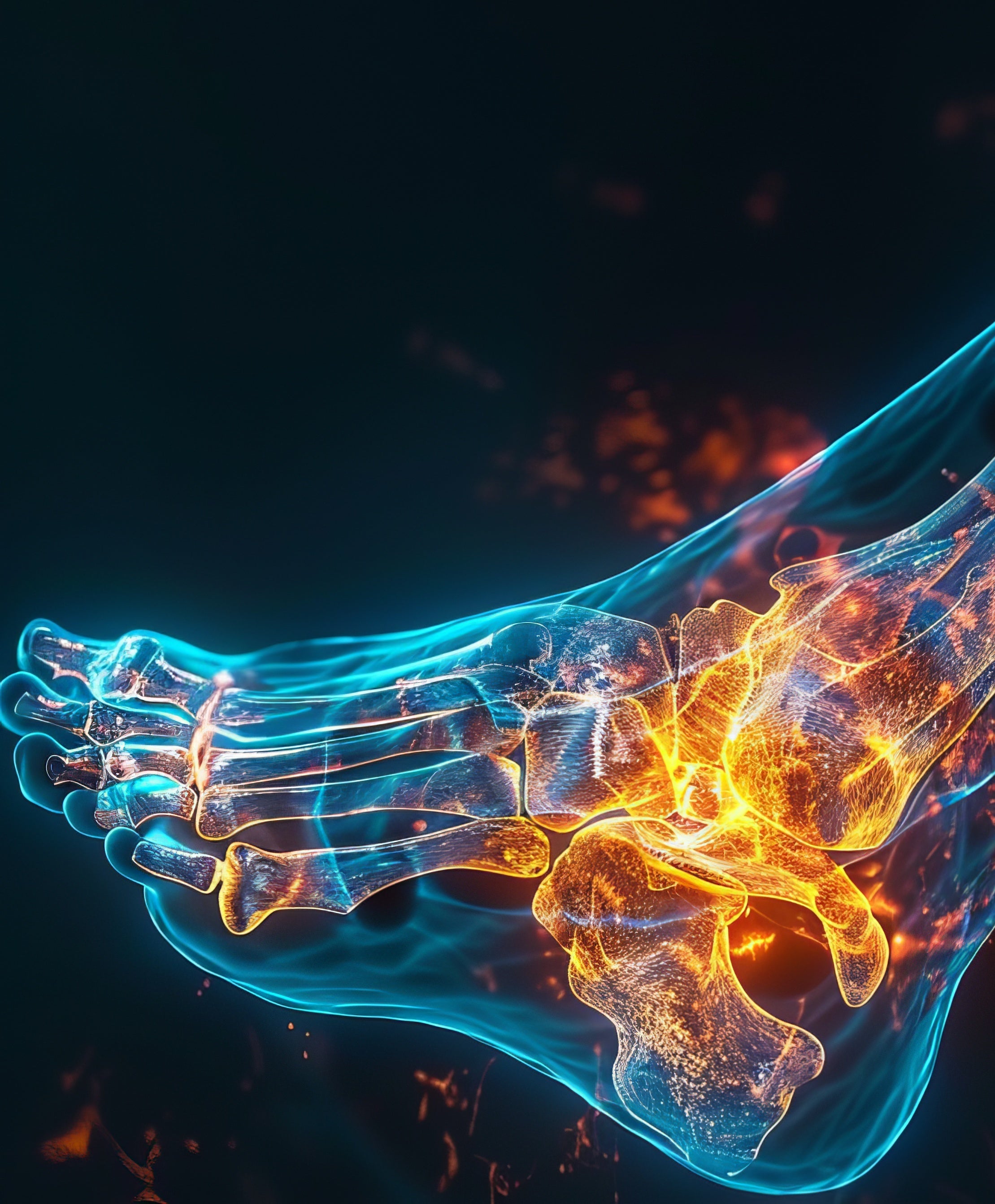 X-ray of foot. Glowing blue and red light.
