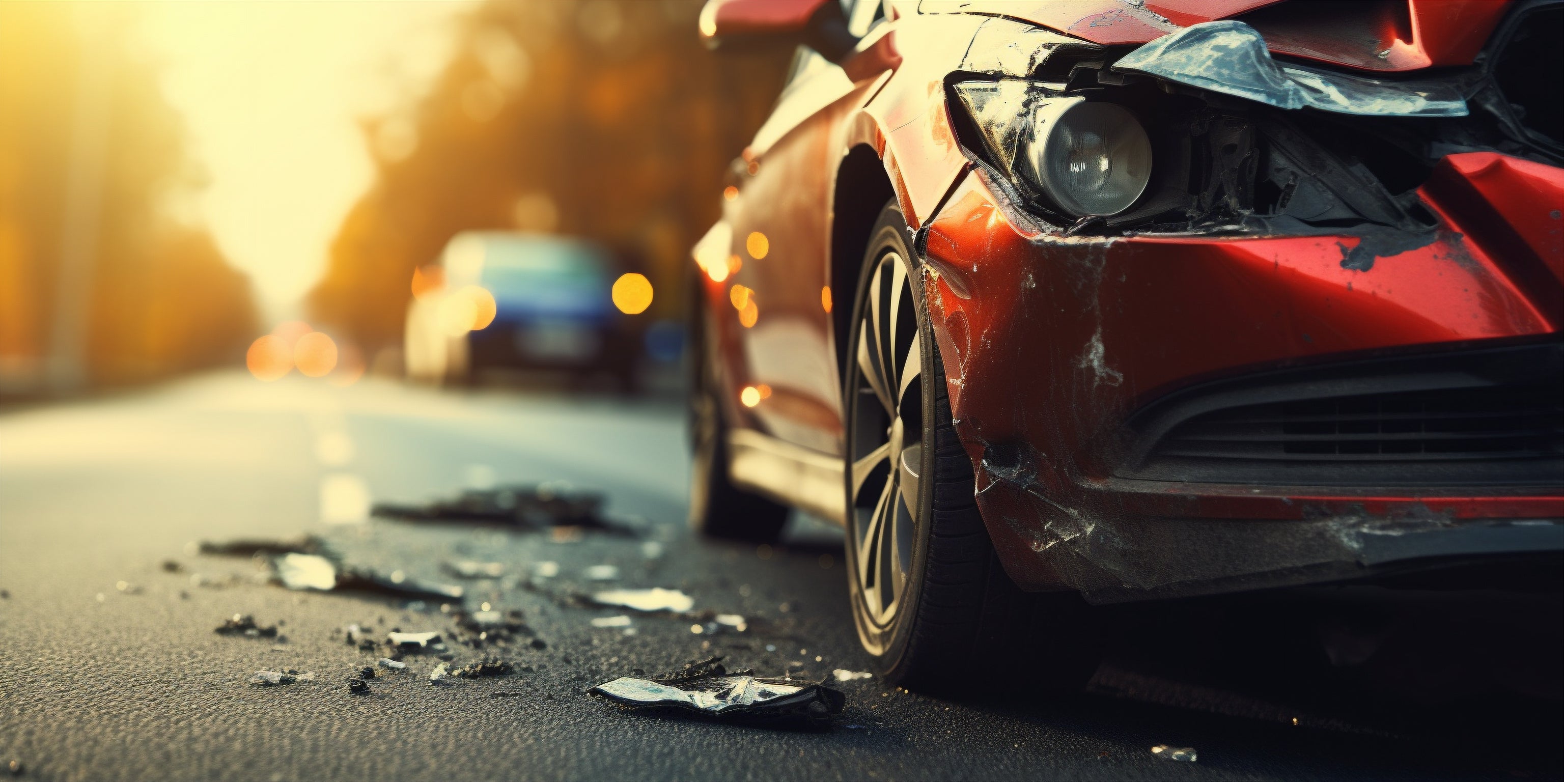Damaged red car on a road with blurred background
