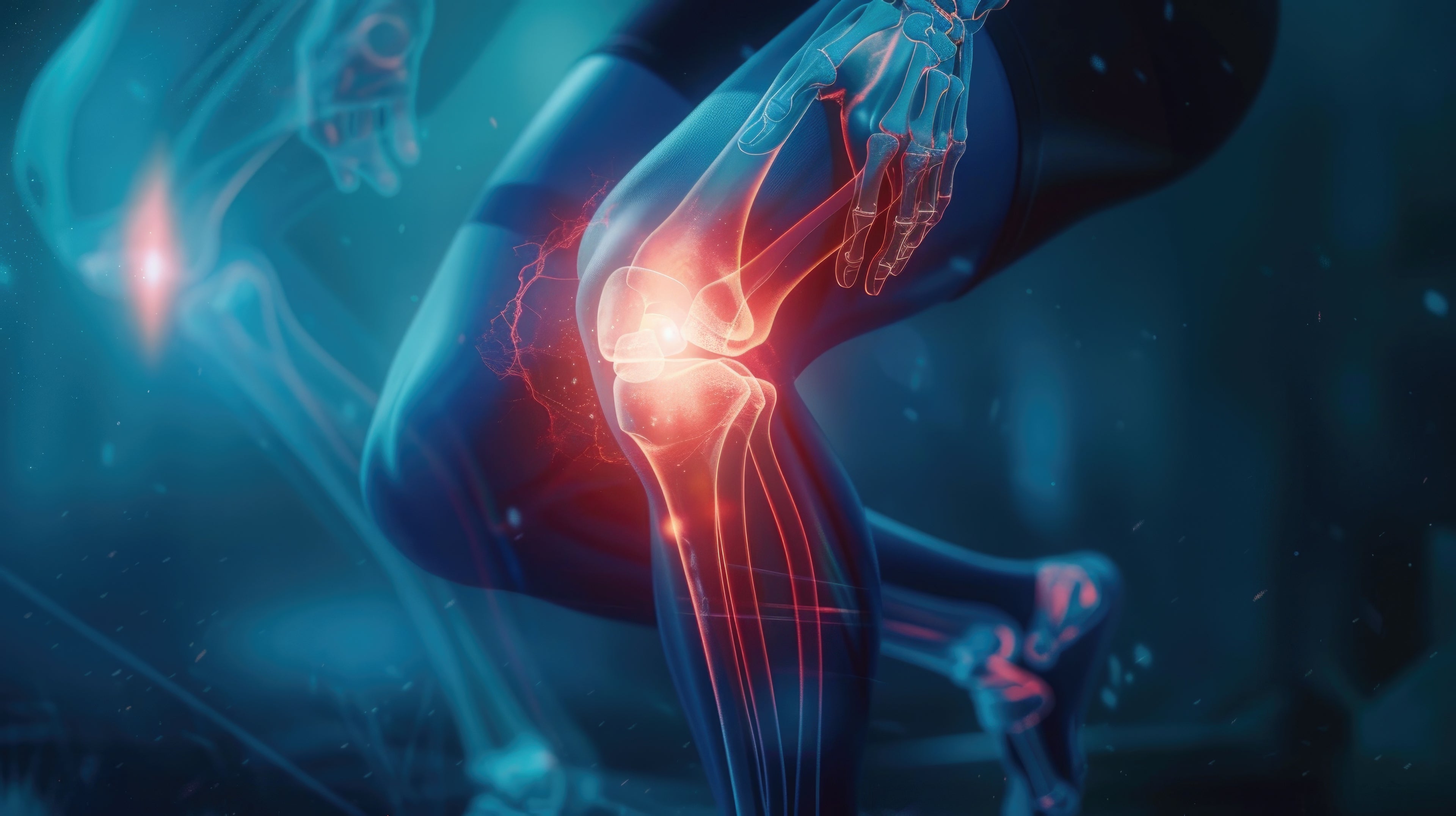 Illustration of a knee with highlighted joint pain on a dark background
