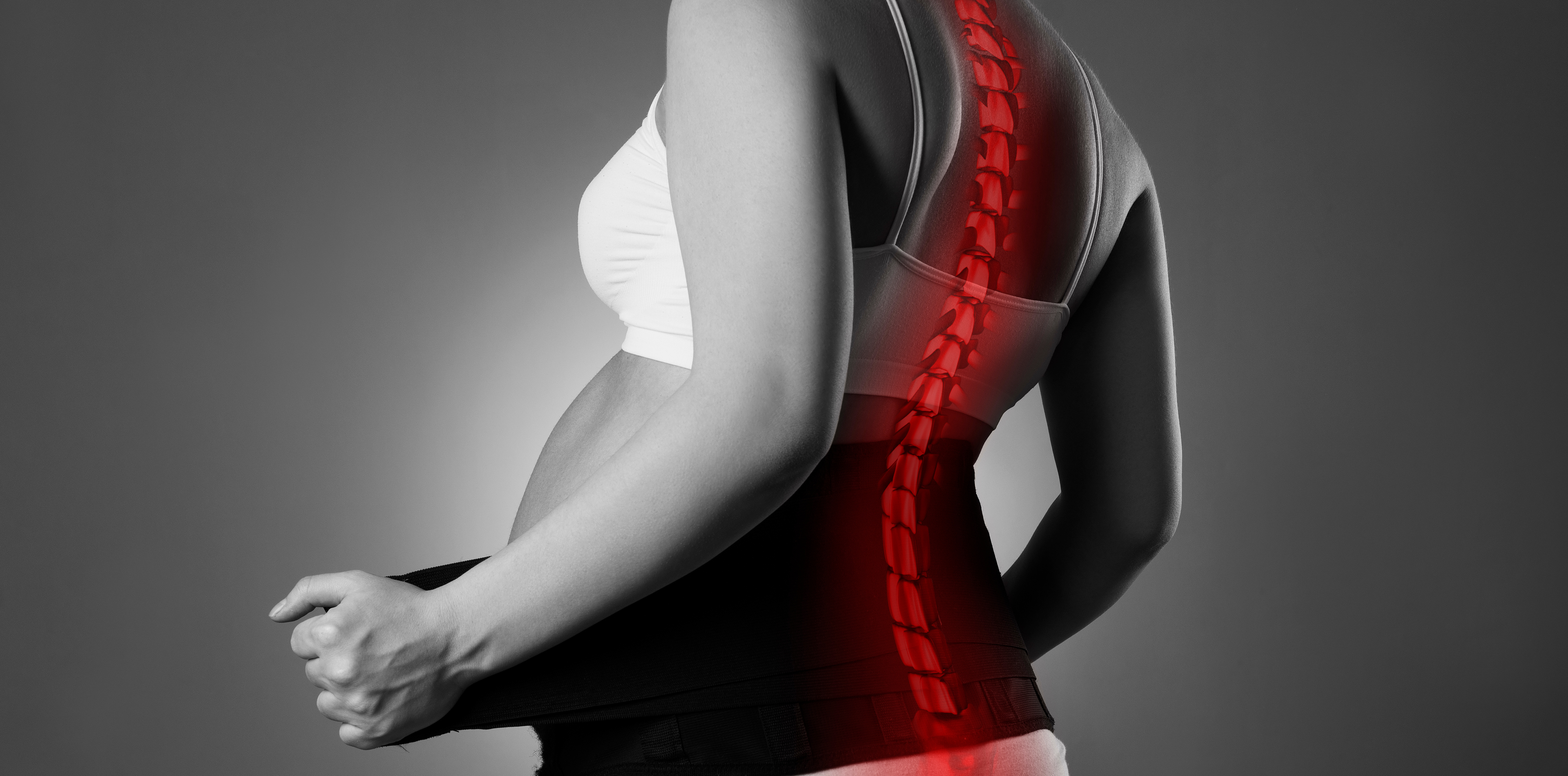 Person with highlighted spine on a gray background